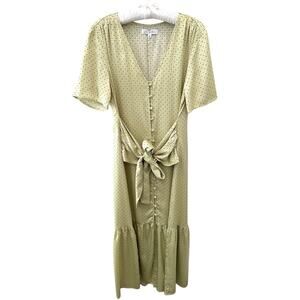 LOVE WHIT | Citron Green Swiss Dot Button Front Midi Dress Tie Waist | Large